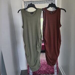 Olive and Brown Ribbed Sleeveless Dresses XL